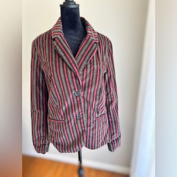 Free People B-Line Blazer Velvet Striped Button Pockets Burgundy Red Size S - Picture 3 of 15